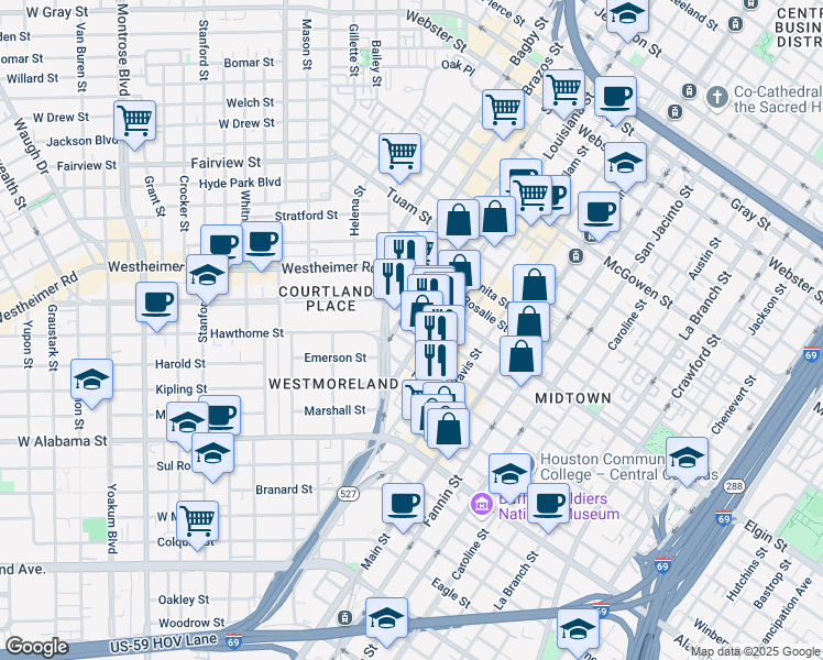 map of restaurants, bars, coffee shops, grocery stores, and more near 3319 Louisiana Street in Houston