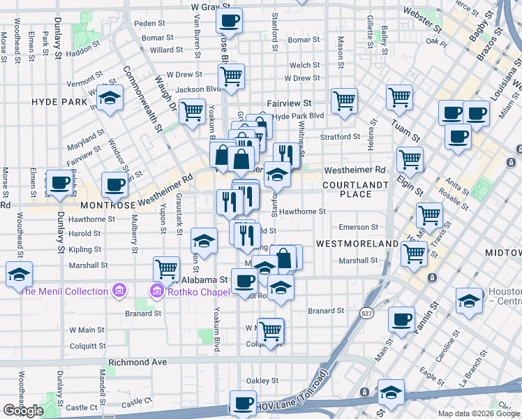 map of restaurants, bars, coffee shops, grocery stores, and more near in Houston