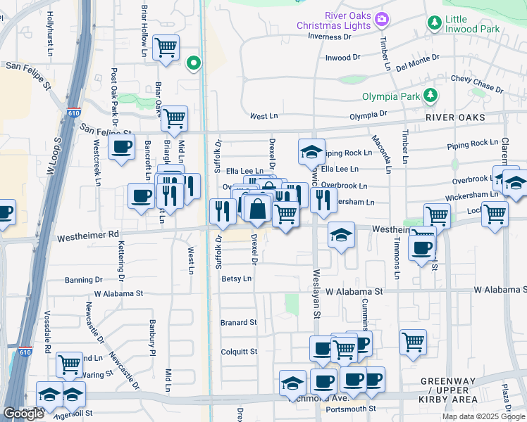 map of restaurants, bars, coffee shops, grocery stores, and more near 3995 Westheimer Road in Houston