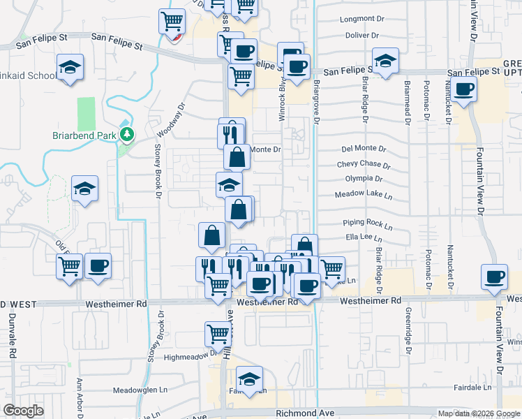 map of restaurants, bars, coffee shops, grocery stores, and more near 6459 Burgoyne Drive in Houston