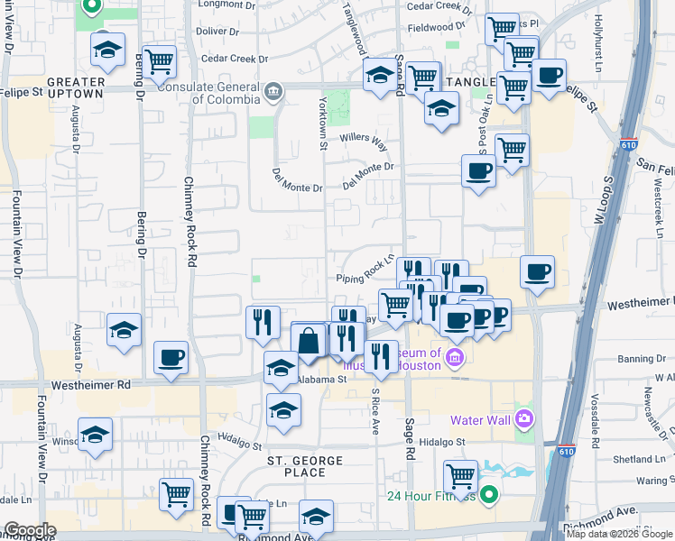 map of restaurants, bars, coffee shops, grocery stores, and more near 5411 Piping Rock Lane in Houston