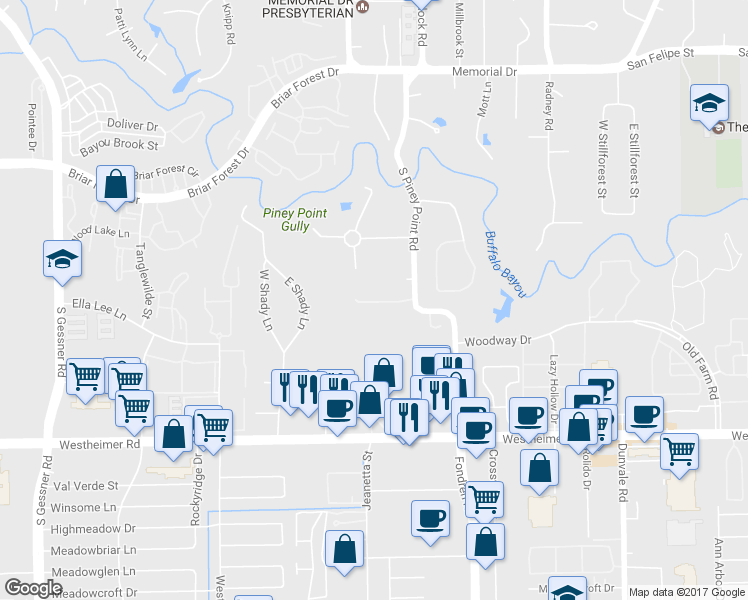 map of restaurants, bars, coffee shops, grocery stores, and more near 2234 South Piney Point Road in Houston