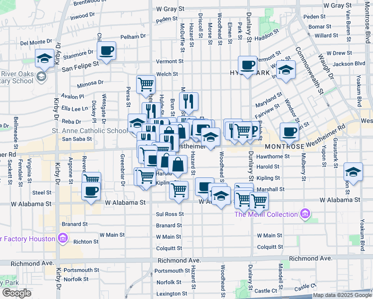 map of restaurants, bars, coffee shops, grocery stores, and more near 1912 Hawthorne Street in Houston