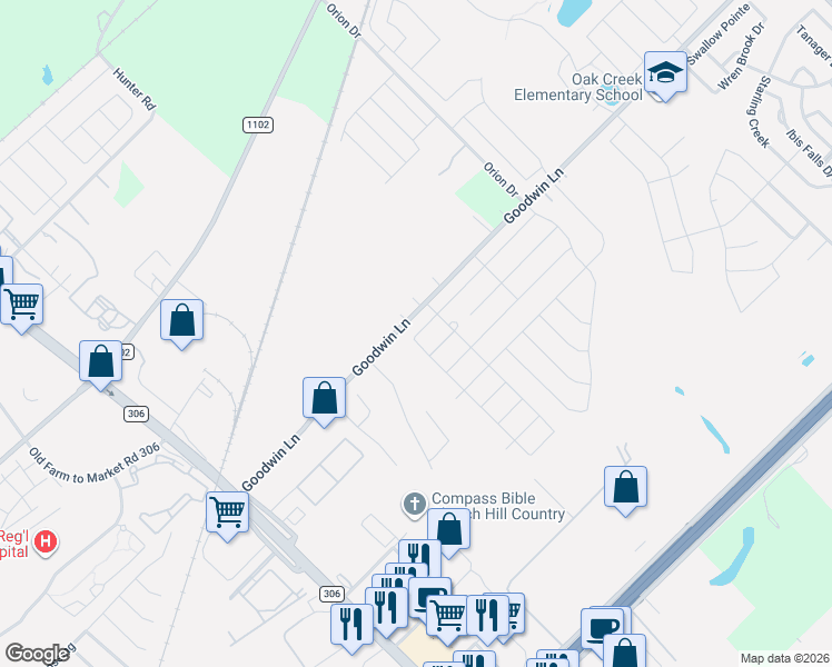map of restaurants, bars, coffee shops, grocery stores, and more near 2710 Brogan Creek in New Braunfels