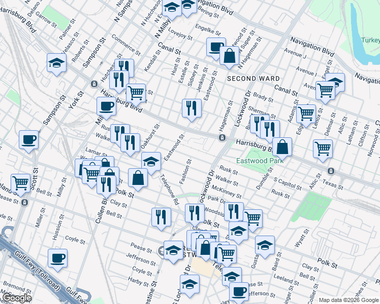 map of restaurants, bars, coffee shops, grocery stores, and more near 4440 Rusk Street in Houston