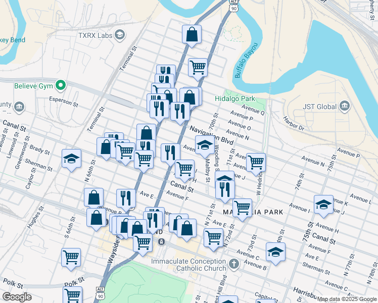 map of restaurants, bars, coffee shops, grocery stores, and more near 6901 Avenue I in Houston