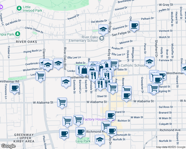 map of restaurants, bars, coffee shops, grocery stores, and more near 2719 Westheimer Road in Houston