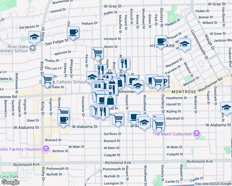 map of restaurants, bars, coffee shops, grocery stores, and more near 2001 Westheimer Road in Houston