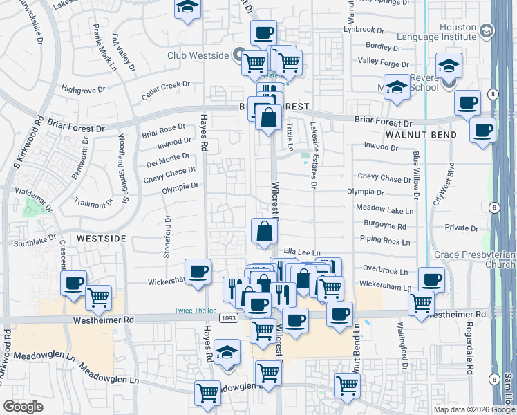 map of restaurants, bars, coffee shops, grocery stores, and more near 2300 Wilcrest Drive in Houston
