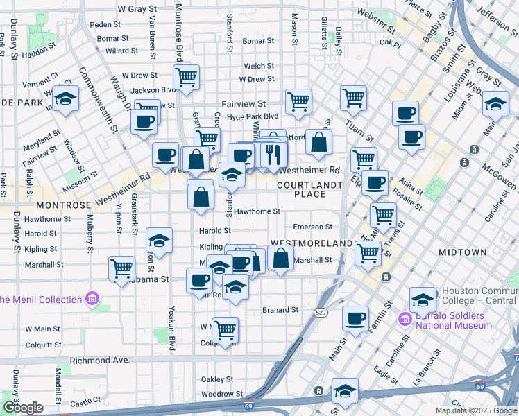 map of restaurants, bars, coffee shops, grocery stores, and more near 3403 Audubon Place in Houston