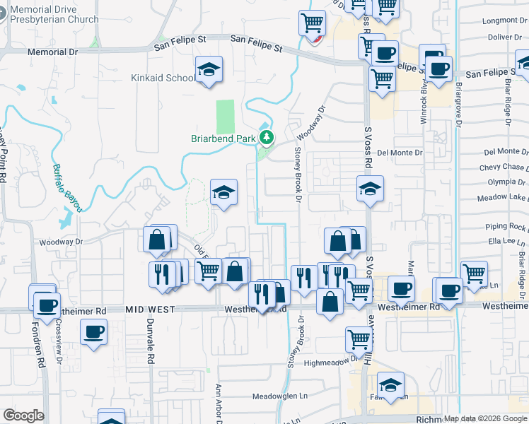 map of restaurants, bars, coffee shops, grocery stores, and more near 8001 Burgoyne Drive in Houston
