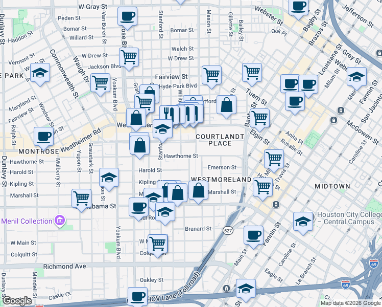 map of restaurants, bars, coffee shops, grocery stores, and more near 3403 Audubon Place in Houston