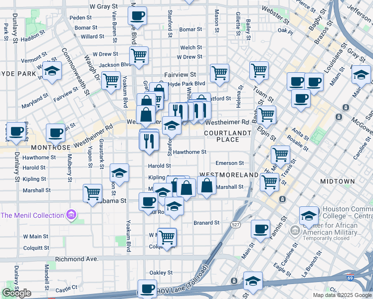 map of restaurants, bars, coffee shops, grocery stores, and more near 637 Hawthorne Street in Houston