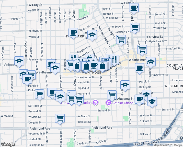map of restaurants, bars, coffee shops, grocery stores, and more near 1519 Hawthorne Street in Houston