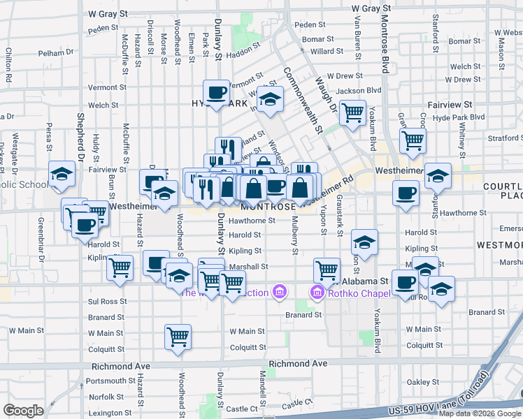 map of restaurants, bars, coffee shops, grocery stores, and more near 1611 Hawthorne Street in Houston