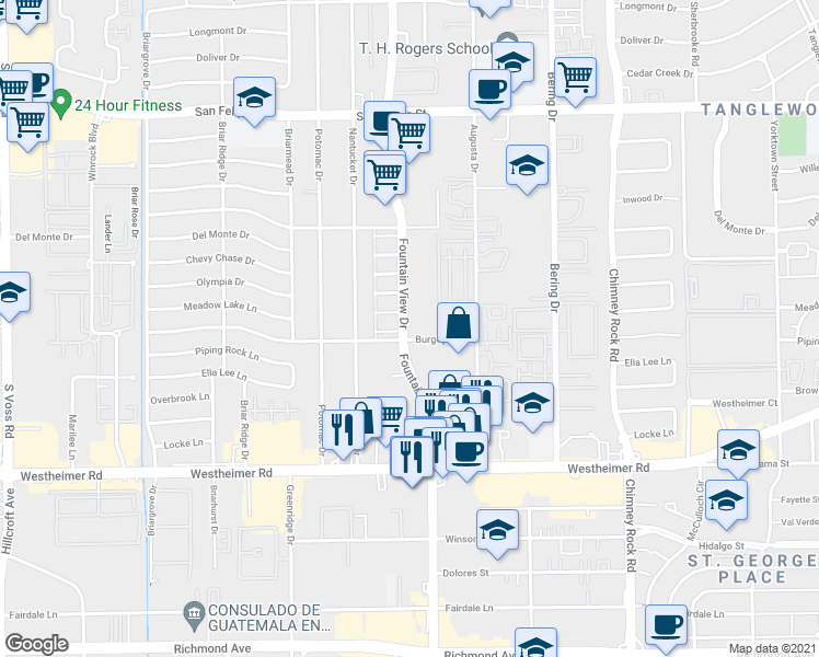 map of restaurants, bars, coffee shops, grocery stores, and more near in Houston