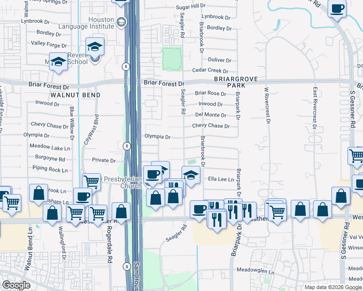 map of restaurants, bars, coffee shops, grocery stores, and more near 10122 Burgoyne Road in Houston