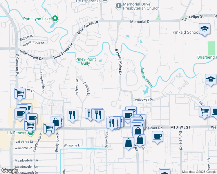 map of restaurants, bars, coffee shops, grocery stores, and more near 2234 South Piney Point Road in Houston