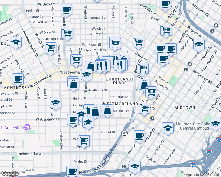 map of restaurants, bars, coffee shops, grocery stores, and more near 436 Hawthorne Street in Houston