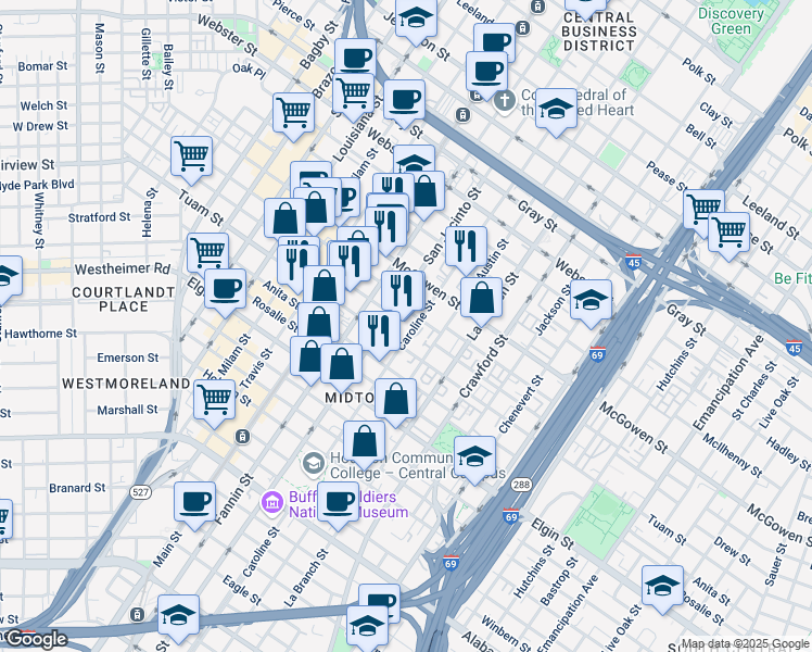 map of restaurants, bars, coffee shops, grocery stores, and more near 1200 Tuam Street in Houston