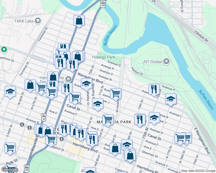 map of restaurants, bars, coffee shops, grocery stores, and more near 7110 Avenue L in Houston