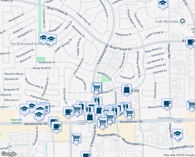 map of restaurants, bars, coffee shops, grocery stores, and more near 2277 South Kirkwood Road in Houston