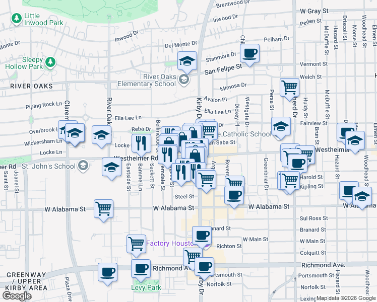 map of restaurants, bars, coffee shops, grocery stores, and more near 2601 Westheimer Road in Houston