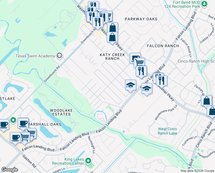 map of restaurants, bars, coffee shops, grocery stores, and more near 25007 Ginger Ranch Drive in Katy