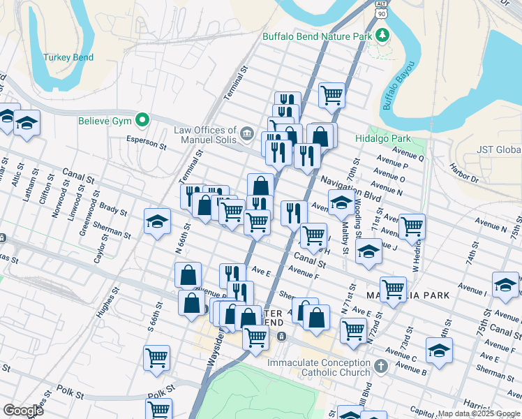 map of restaurants, bars, coffee shops, grocery stores, and more near 802 Wayside Drive in Houston