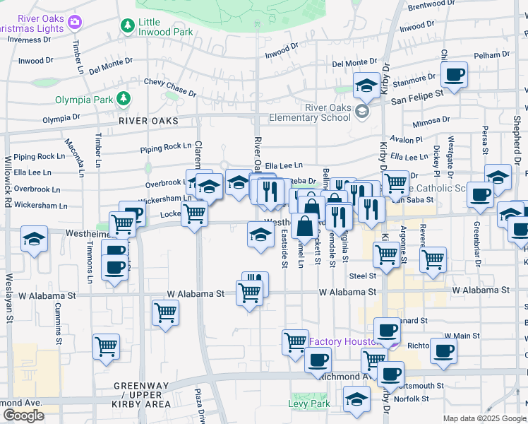 map of restaurants, bars, coffee shops, grocery stores, and more near 3266 Westheimer Road in Houston