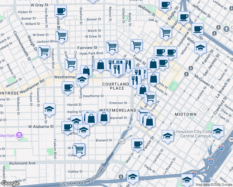 map of restaurants, bars, coffee shops, grocery stores, and more near 411 Emerson Street in Houston