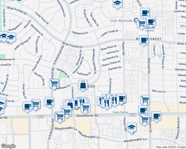 map of restaurants, bars, coffee shops, grocery stores, and more near 2223 Woodland Springs Street in Houston