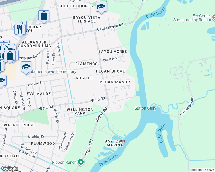 map of restaurants, bars, coffee shops, grocery stores, and more near 1938 Kilgore Road in Baytown