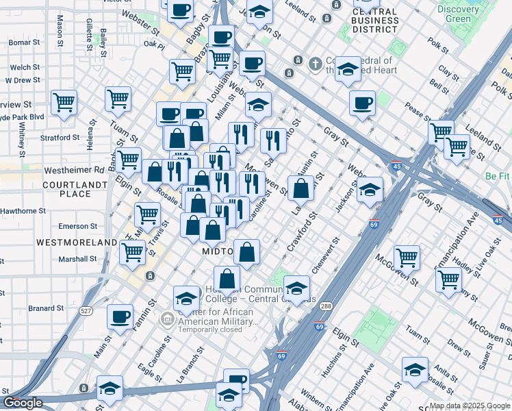 map of restaurants, bars, coffee shops, grocery stores, and more near 1200 Tuam Street in Houston