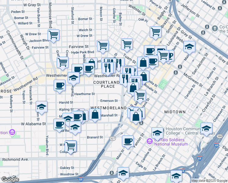 map of restaurants, bars, coffee shops, grocery stores, and more near 411 Emerson Street in Houston