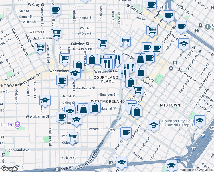 map of restaurants, bars, coffee shops, grocery stores, and more near 411 Emerson Street in Houston