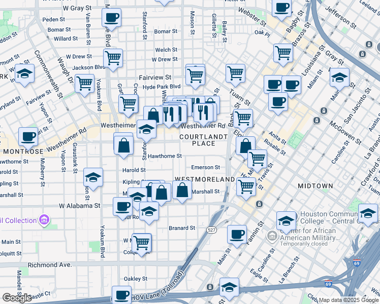 map of restaurants, bars, coffee shops, grocery stores, and more near 425 Hawthorne Street in Houston