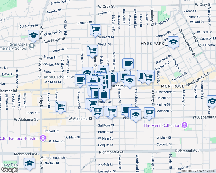 map of restaurants, bars, coffee shops, grocery stores, and more near 2055 Westheimer Road in Houston