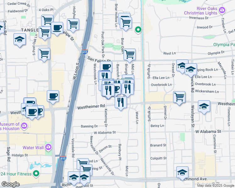 map of restaurants, bars, coffee shops, grocery stores, and more near 4444 Westheimer Road in Houston