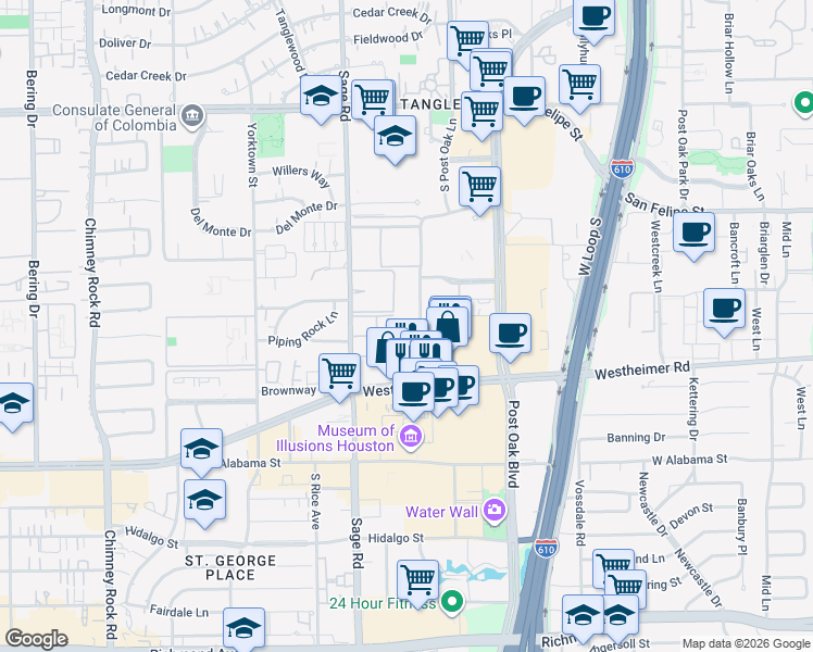 map of restaurants, bars, coffee shops, grocery stores, and more near 2500 McCue Road in Houston