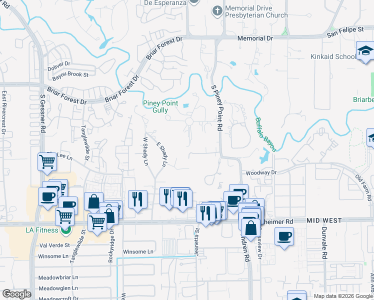 map of restaurants, bars, coffee shops, grocery stores, and more near 27 East Shady Lane in Houston