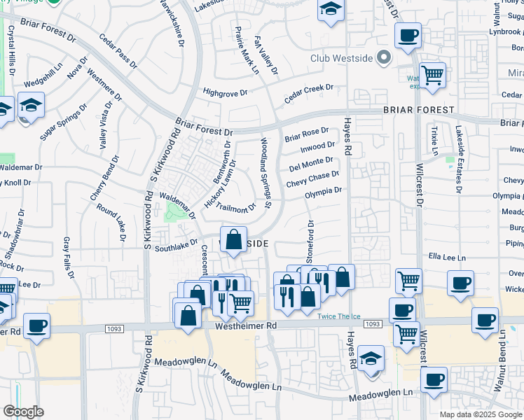 map of restaurants, bars, coffee shops, grocery stores, and more near 2223 Woodland Springs Street in Houston