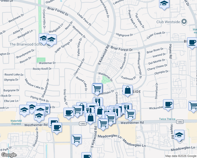 map of restaurants, bars, coffee shops, grocery stores, and more near 2277 South Kirkwood Road in Houston
