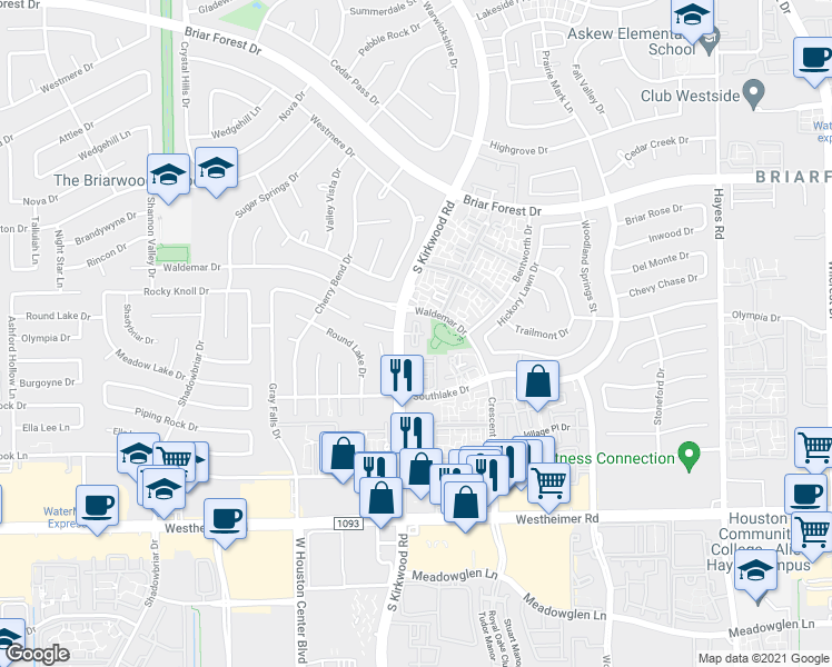 map of restaurants, bars, coffee shops, grocery stores, and more near 2277 South Kirkwood Road in Houston