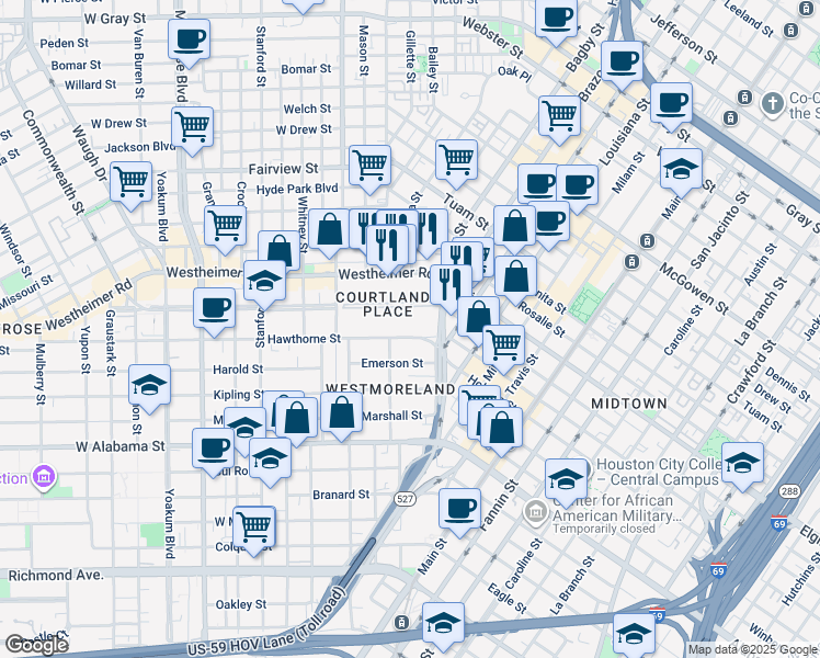 map of restaurants, bars, coffee shops, grocery stores, and more near 304 Hawthorne Street in Houston