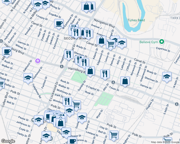 map of restaurants, bars, coffee shops, grocery stores, and more near 460-498 Adams Street in Houston