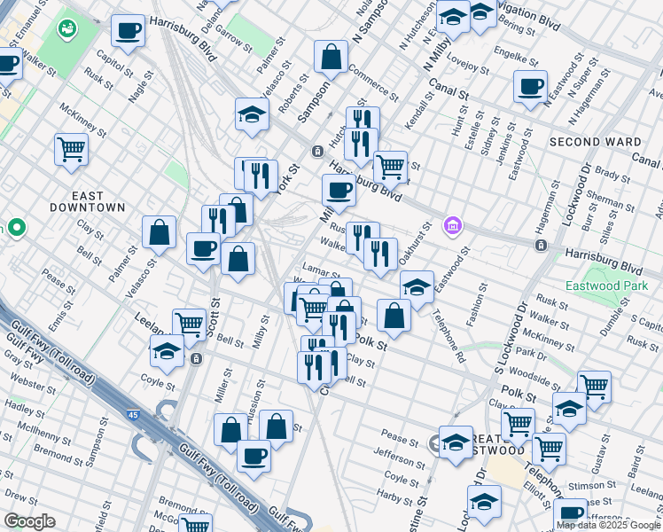 map of restaurants, bars, coffee shops, grocery stores, and more near 3911 Woodleigh Street in Houston