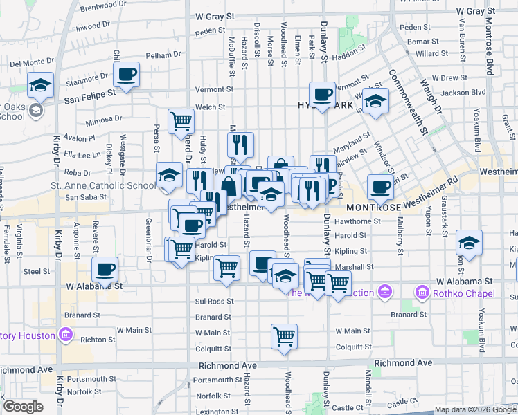 map of restaurants, bars, coffee shops, grocery stores, and more near Westheimer Rd & Driscoll St in Houston