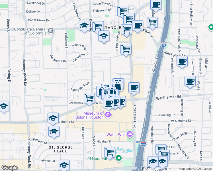 map of restaurants, bars, coffee shops, grocery stores, and more near 2500 McCue Road in Houston