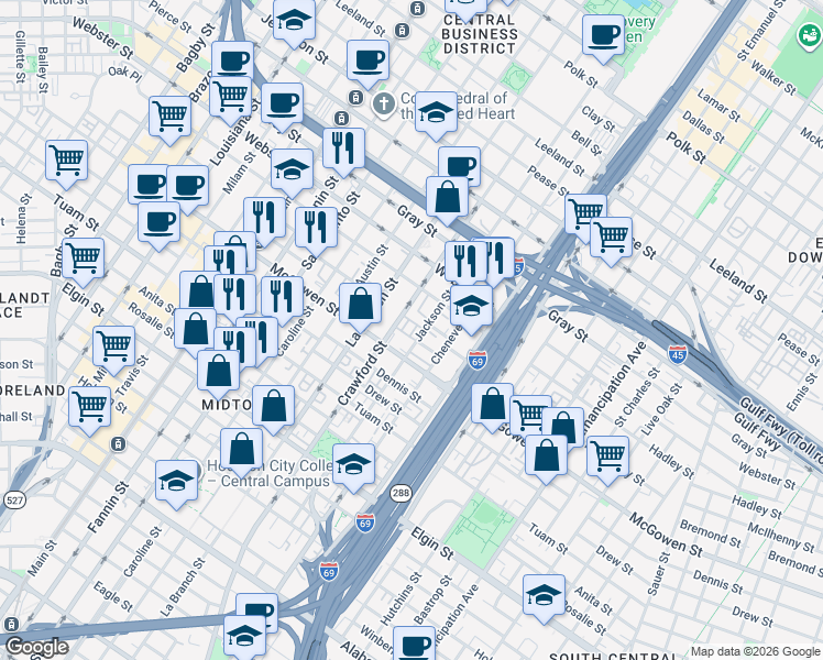 map of restaurants, bars, coffee shops, grocery stores, and more near 2401 Crawford Street in Houston
